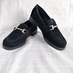 Lower East Side Black Suede Loafers Silver-Tone Metal Buckle Size 5-1/2